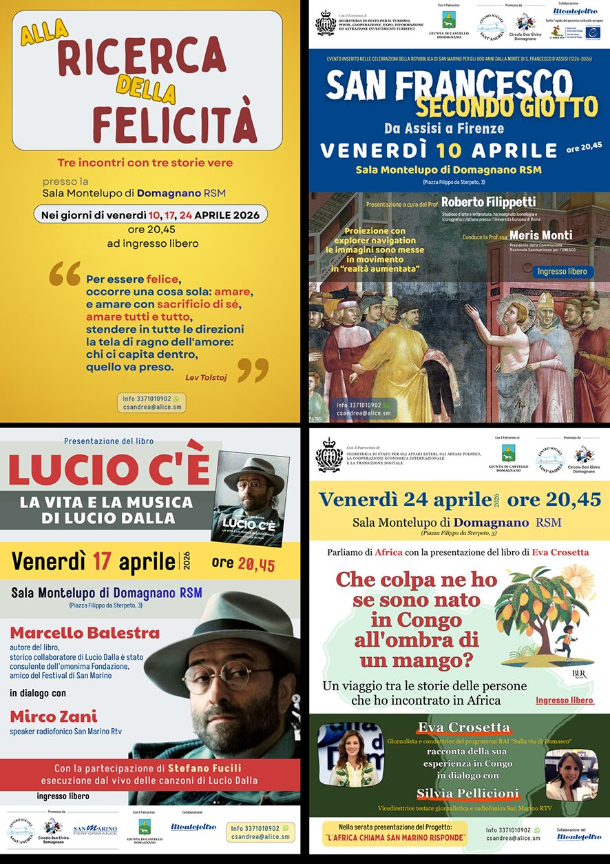 San Marino &ndash; La rassegna &ldquo;Alla ricerca della felicit&agrave;&rdquo; nel mese di aprile presso la Sala Montelupo di Domagnano